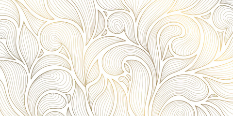 Vector art deco leaves luxury background, elegant vintage fancy floral pattern. Jungle gatsby ornament, line hand drawn wavy nature wallpaper. Baroque illustration © marylia17