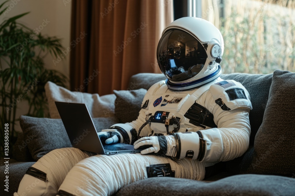 Poster an astronaut sits on a couch, using a laptop for personal or professional use
