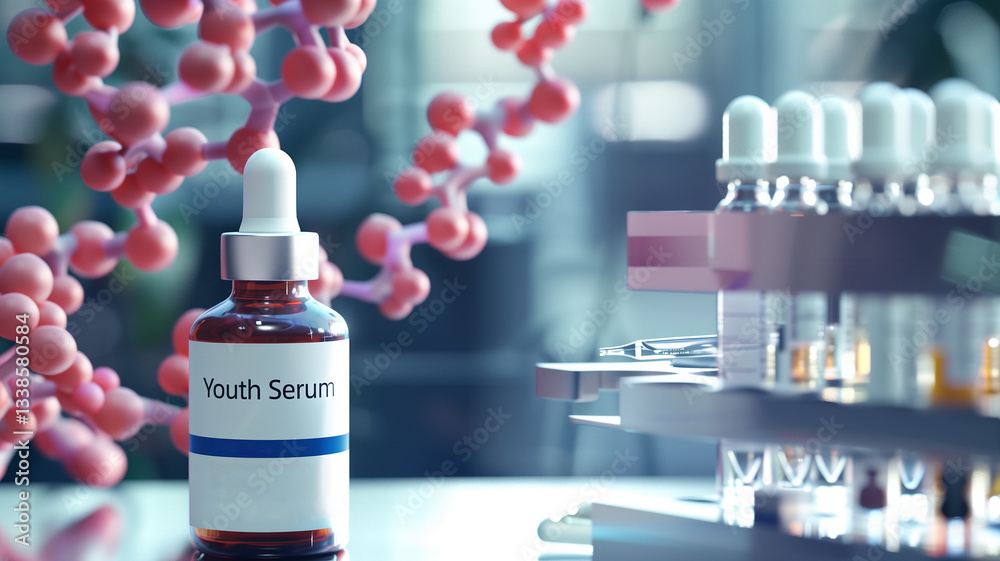Poster this lab setting showcases a youth serum alongside advanced genetic research materials in developmen