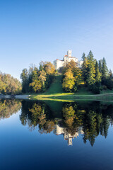 Amazing autumn view of majestic old castle and lake of Trakoscan in Zagorje, northern Croatia