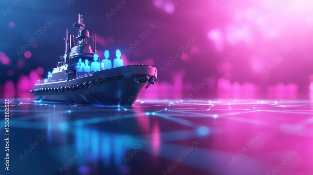 Aufkleber futuristic warship sailing on a digital network ocean abstract technology concept digital art