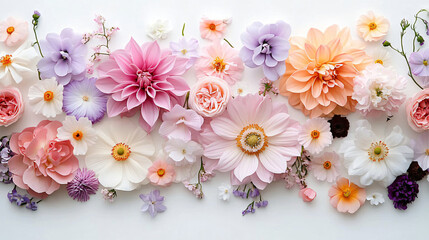 A serene flat lay of pastel spring flowers on a white backdrop, ideal for wedding invitations, Mother's Day cards, and International Women's Day greetings.