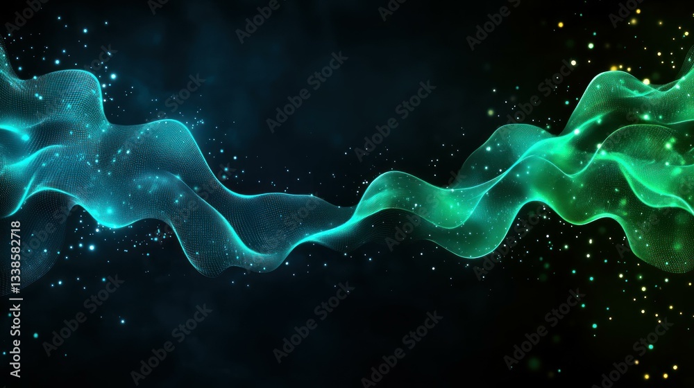 Poster abstract teal and green energy waves flowing across dark background with sparkling particles digital