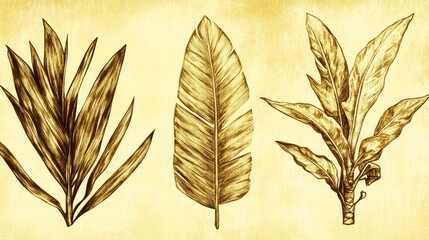 Golden Tropical Leaves Illustration.