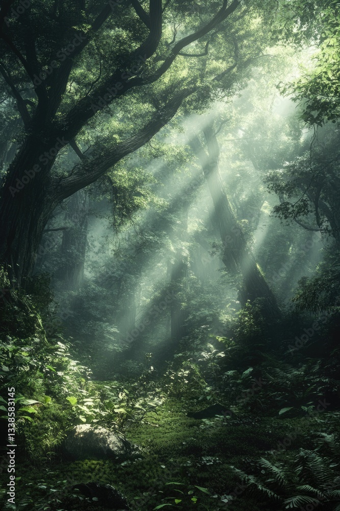 Poster a serene scene of sunlight peeking through the treetops in a dense forest
