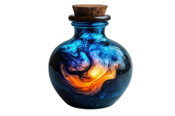 Decorative glass bottle with swirling blue and orange patterns on a white background