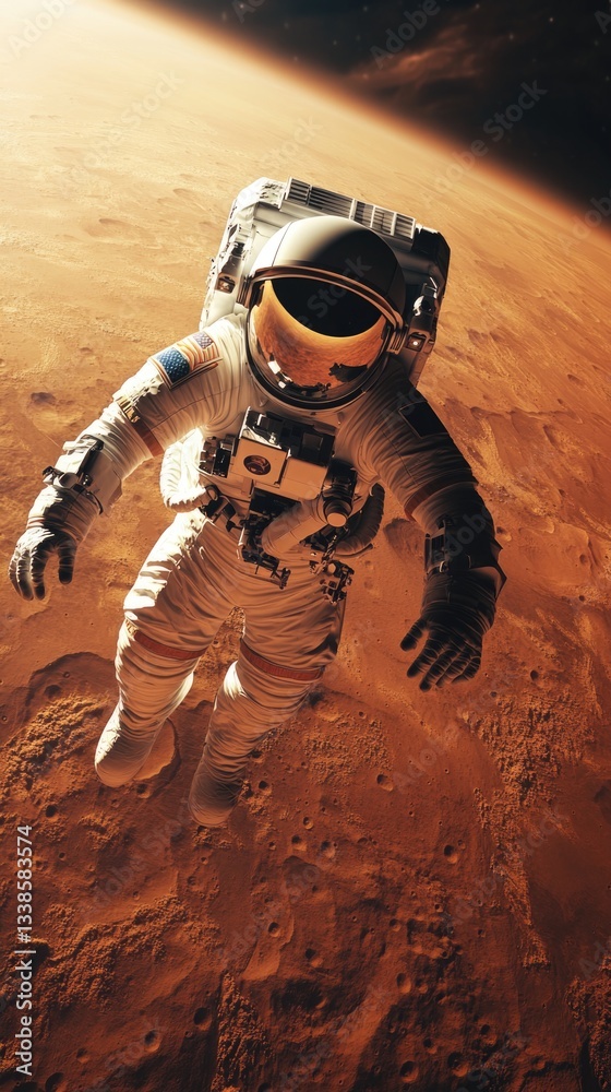 Aufkleber an astronaut in a spacesuit standing on the surface of a red planet, with a rocky terrain and a mart