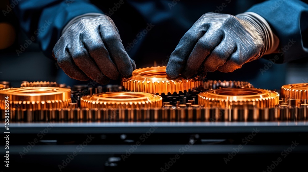 Poster close up of gloved hands carefully handling precision engineered brass gears in a factory setting in