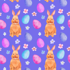 Watercolor seamless pattern with rabbit, colored eggs, flowers. Easter illustration on a colored background. Periwinkle color.