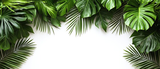 Naklejka premium Green palm leaves extending over a white background, creating a natural and vibrant layout suitable for a variety of design projects