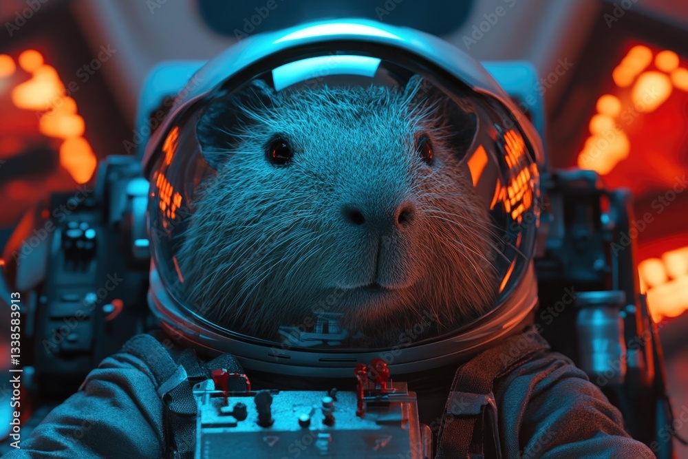 Poster a guinea pig wearing a mini astronaut helmet and a tiny space suit, standing on a blue planet surfac