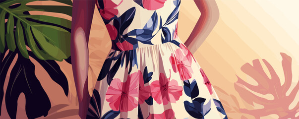 Fototapeta premium Woman in floral dress against leafy background with tropical design.