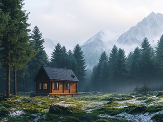 Tranquil Cabin Nestled in Serene Forest Landscape with Mountains
