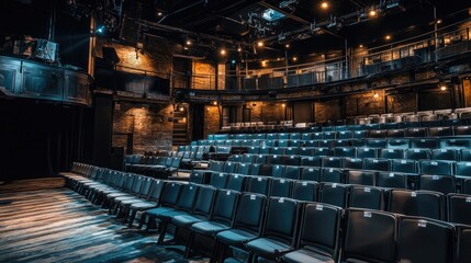 Naklejka premium Empty Theater Interior with Rows of Chairs and Soft Lighting Effects