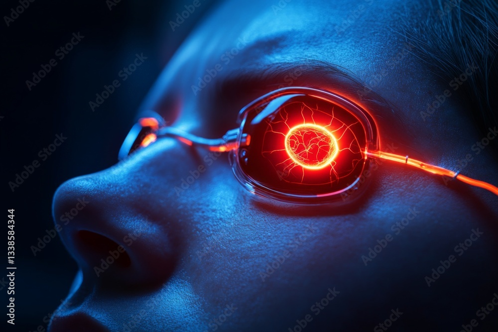 Aufkleber futuristic glasses reveal glowing patterns in a close-up view of a person's eye during a tech demons
