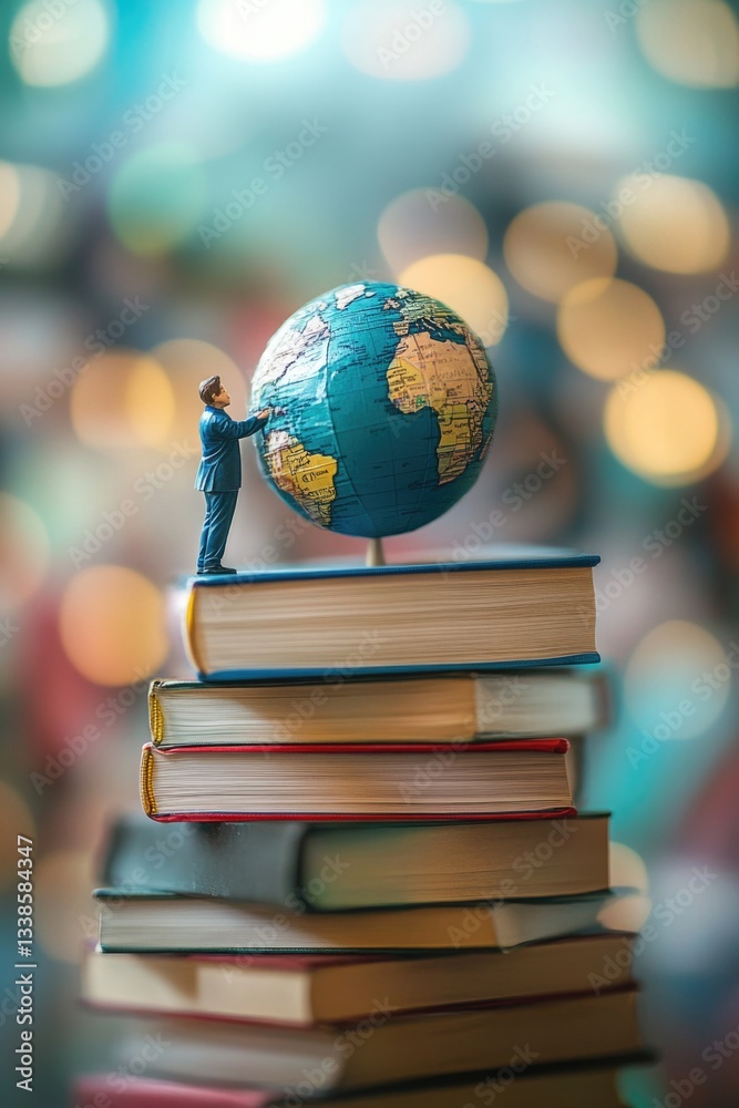 Poster a person standing on the top shelf of a book stack, surrounded by volumes