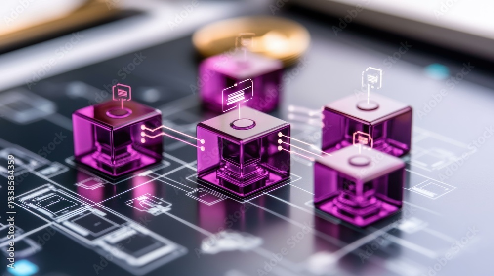 Poster Network of Interconnected Purple Data Cubes on Digital Tablet Representing Blockchain Technology and Data Security