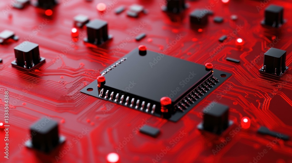 Poster Close up view of a central processing unit CPU on a red circuit board High tech digital technology concept