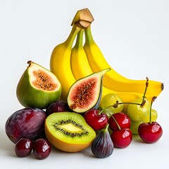 A luxurious presentation of assorted fresh fruits, including bananas, cherries, kiwis, and figs, elegantly arranged for visual appeal, isolated on a plain white background.