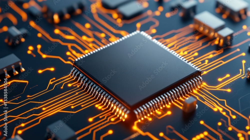 Poster Close up view of a modern microprocessor chip on a circuit board glowing with orange light High tech digital technology concept