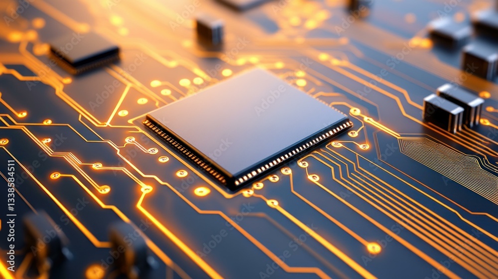 Leinwandbilder Close up view of a modern computer circuit board with a central processing unit CPU glowing orange High tech digital technology background