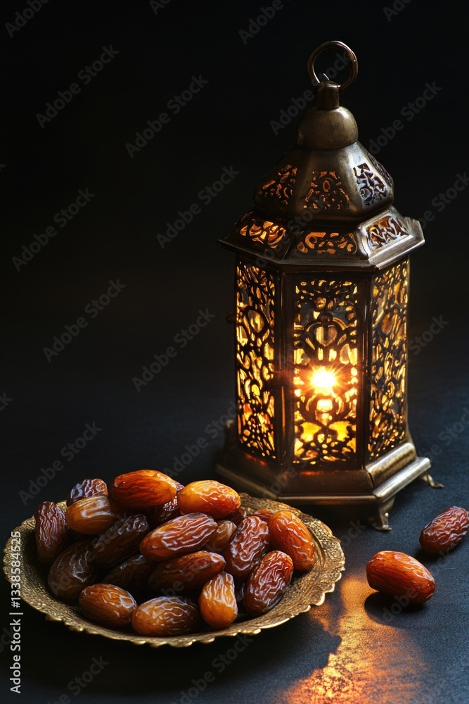 Poster a plate of dates and a lantern sit together on a table, perfect for a romantic dinner or as a decora
