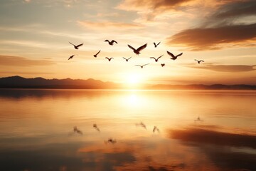 Sunrise over the calm lake with birds flying and reflecting in the water