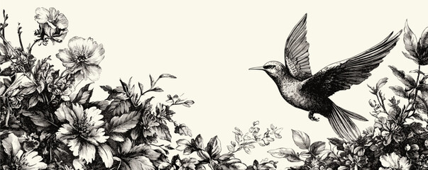 Obraz premium Detailed black and white drawing of a bird flying among lush flowers and leaves.