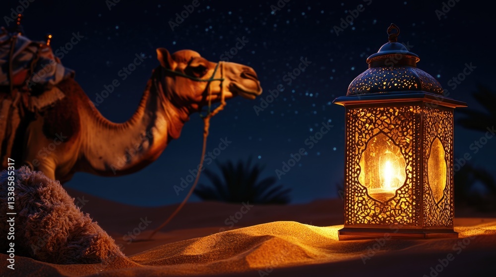 Poster a camel stands next to a lantern in the desert, suitable for use as a symbol or illustration