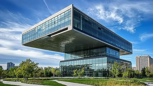 Modern architectural marvel with glass fa?ade, surrounded by green park and urban skyline backdrop