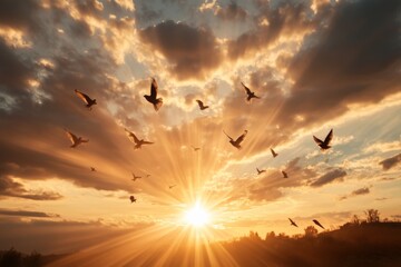 Obraz premium Majestic sunset with birds soaring through golden rays over a tranquil landscape