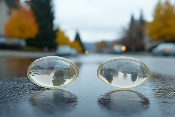 Raindrops rest on a street, reflecting autumn trees and overcast skies