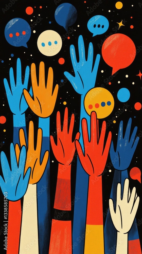 Poster a group of hands with colorful speech bubbles above them