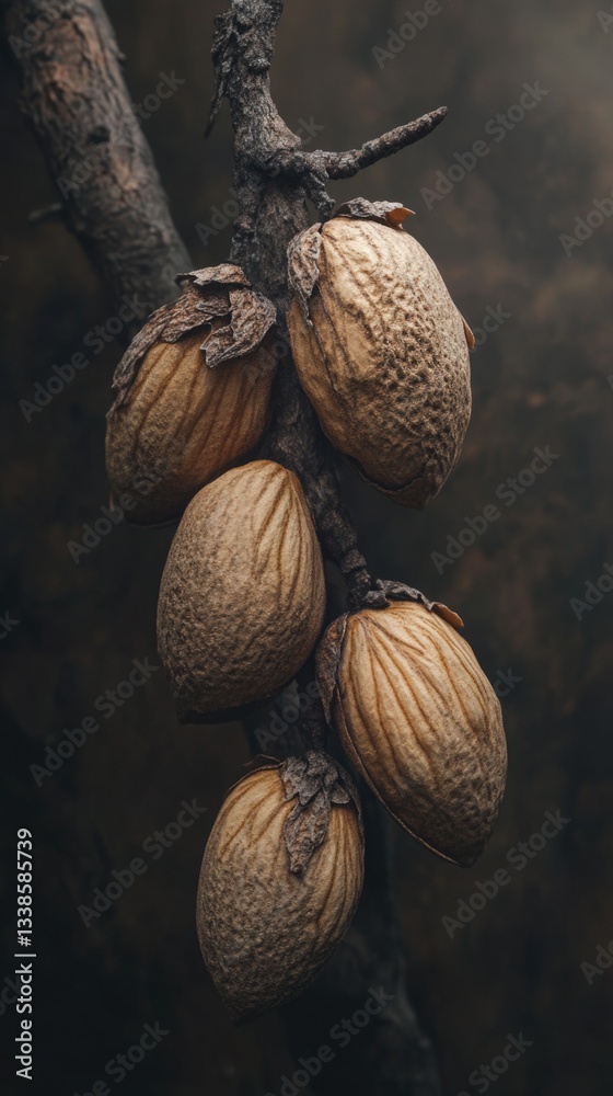 Poster a natural scene featuring a tree branch laden with nuts