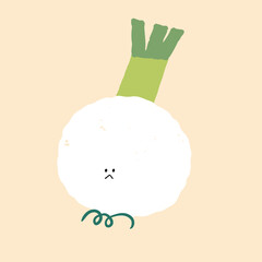Vector illustration-cute sad onion vegetable character. Naive and childish style