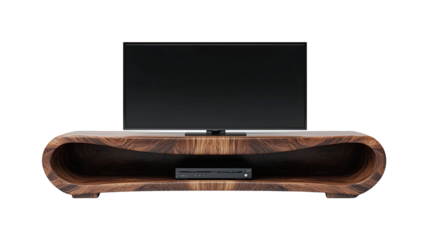 Stylish wooden TV stand with a curved design, isolated on transparent background