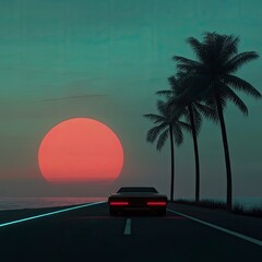Retro sports car driving on coastal road at sunset with palm trees.