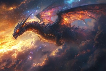 Naklejka premium Dark mystical raven with glowing red eyes