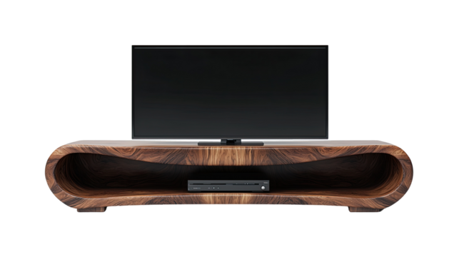 Stylish wooden TV stand with a curved design, isolated on transparent background