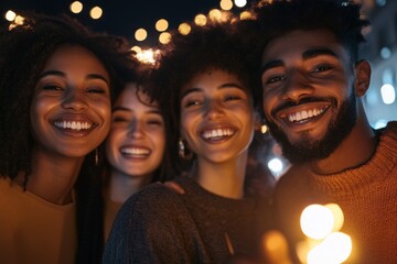 Fototapeta premium Friends celebrating together at night with twinkling lights creating a festive atmosphere in an urban setting