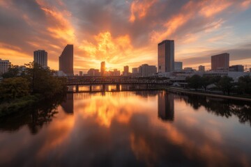 Sunset over the river reflecting city skyline with clouds in vibrant colors during evening hours