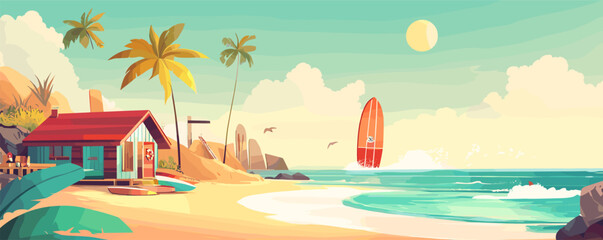 Obraz premium Serene beach scene with red surfboard and cozy hut under sunny skies.