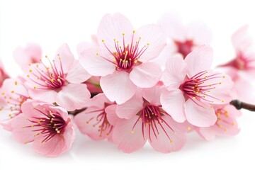 Fototapeta premium Delicate pink cherry blossoms in full bloom against a soft white background capturing the essence of spring and renewal in a macro view