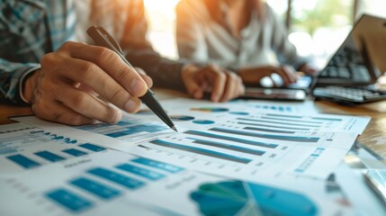 Couple discusses family budget strategy and economic plans using financial graphs and charts in a cozy setting