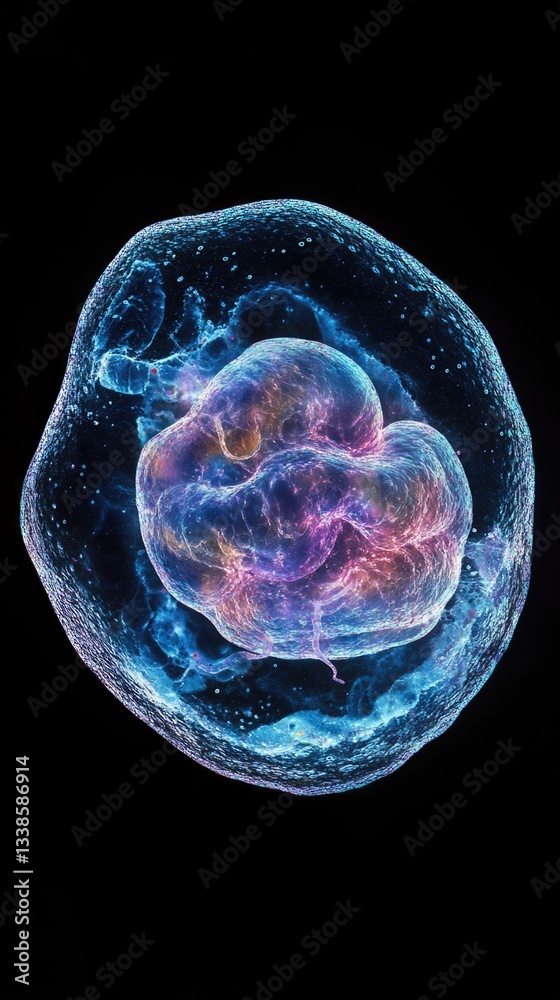 Poster a close-up shot of a single cell on a black background, ideal for use in scientific and educational 