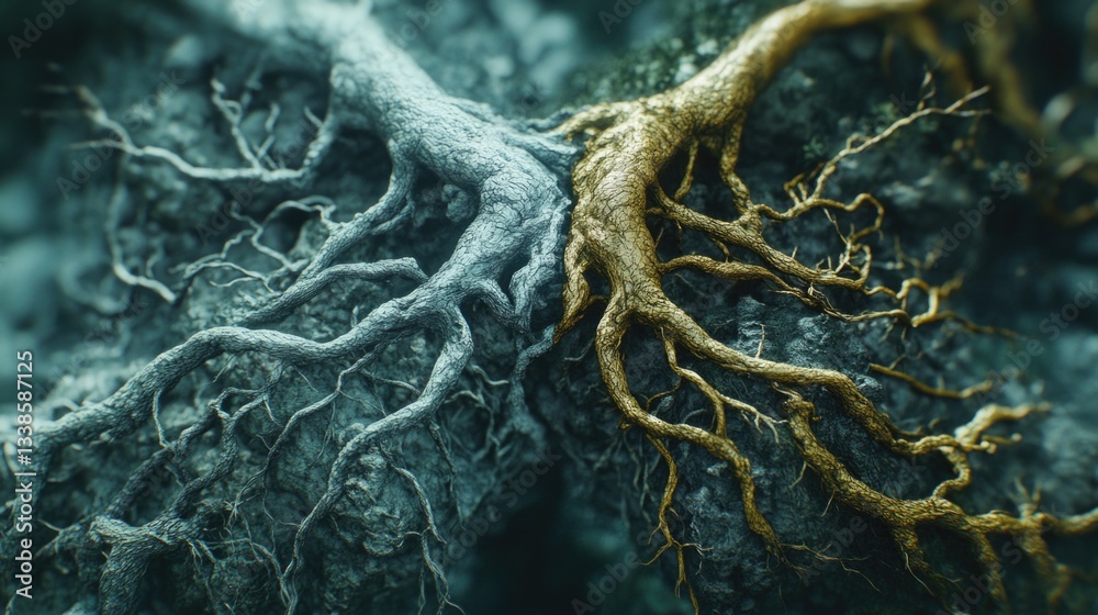 Poster a detailed view of tree roots, suitable for use in nature-inspired designs or environmental projects