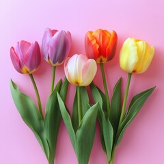 Obraz premium Vibrant tulips in full bloom against a soft pink backdrop capturing the essence of spring in a cheerful mood