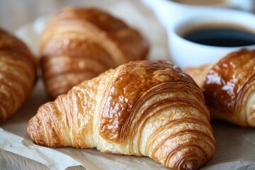 A selection of flaky croissants accompanied by a steaming cup of coffee