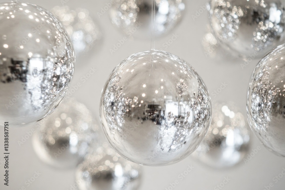Poster a cluster of metallic spheres suspended from above, adding a touch of modern decor to any space