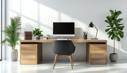 Modern office desk with computer, chair, lamp, and plant isolated on a white background Front view design element 3D Rendering